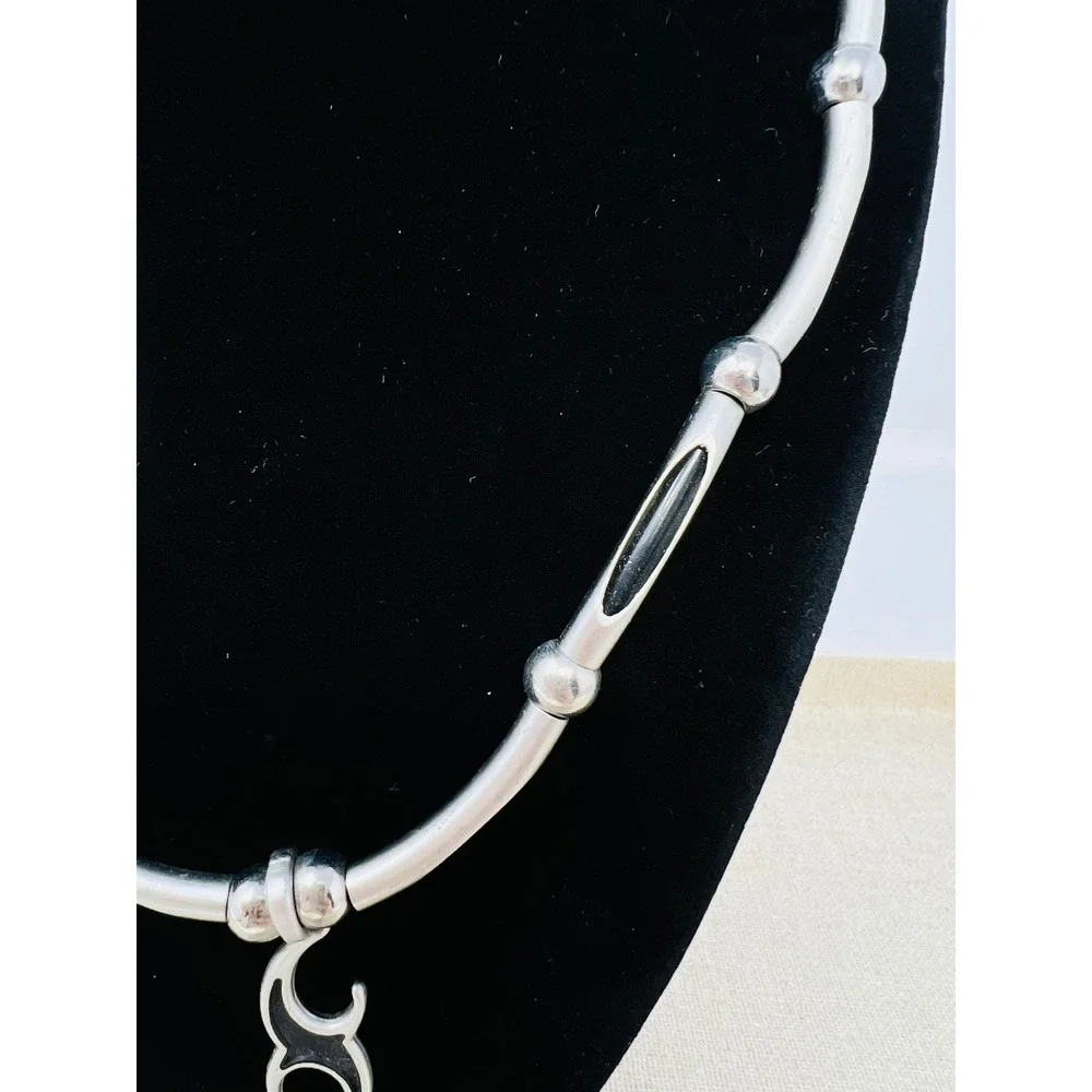 Y2K Mens Tribal Flame Pendant Necklace Silver Tone Bar Link Choker Biker Grunge